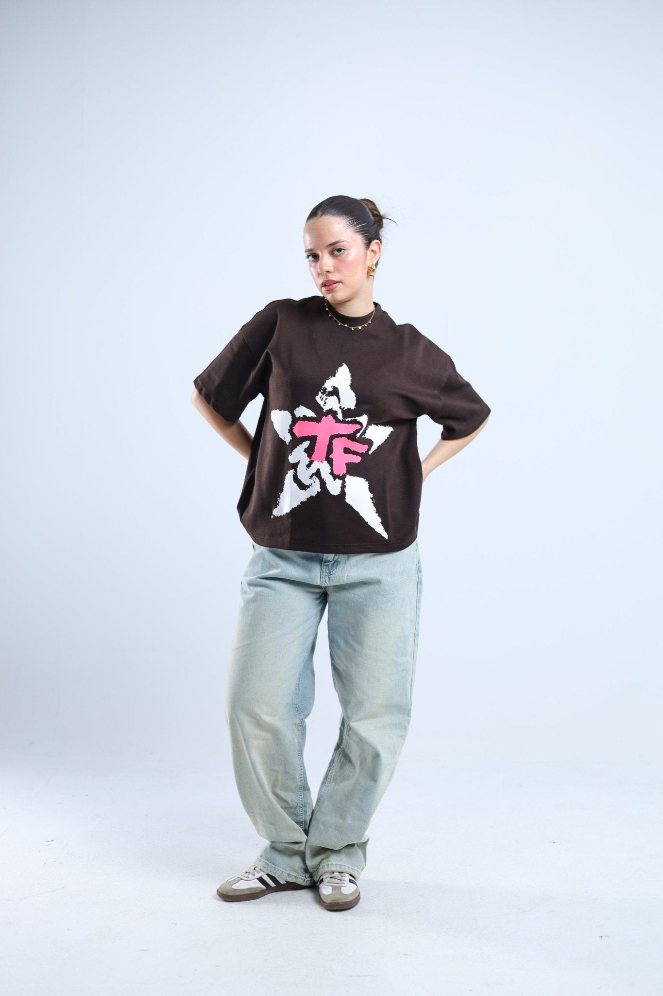 TF Star Boxy Tee - White / Brown - Tokyo Store